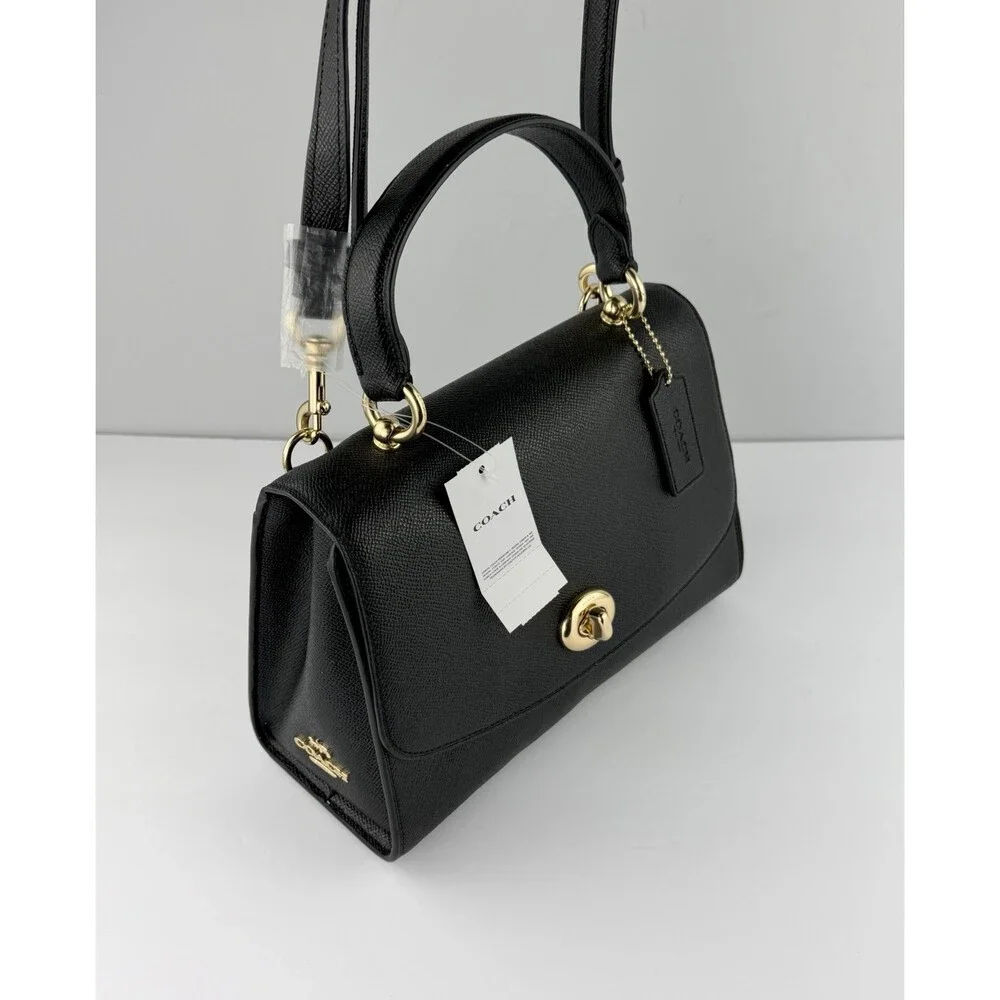 COACH Tilly Crossbody Top Handle Twist Lock Black Gold Leather Bag F76618 - $398